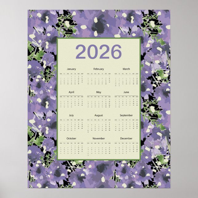 Poster Calendário de Parede Flores Roxas 2026 (Frente)