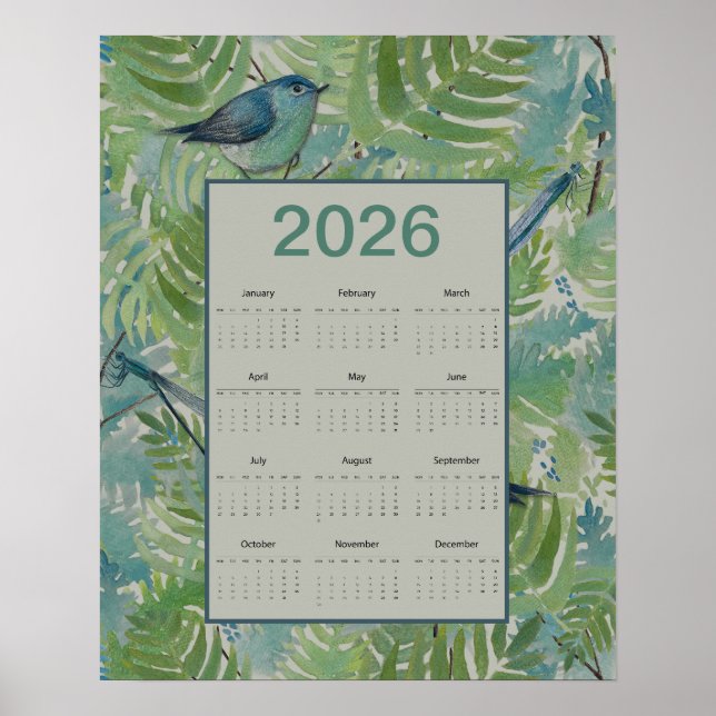 Poster Calendário de Pássaros de Samambaias de 2026 (Frente)
