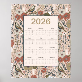 Poster Calendário de Pássaros e Flores de 2026