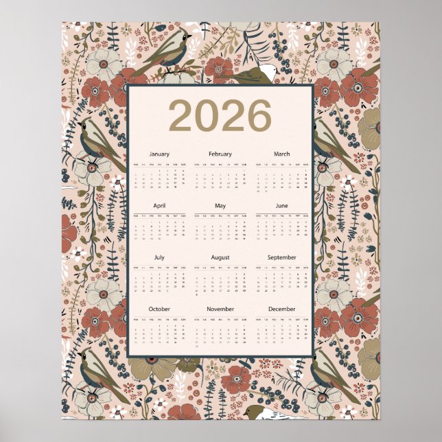 Poster Calendário de Pássaros e Flores de 2026 (Frente)