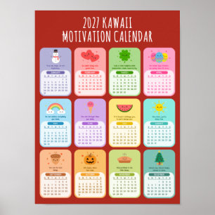 Poster Calendário de Positividade Motivacional Kawaii Fof