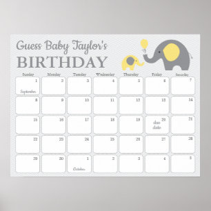 Poster Calendário de Previsão de Aniversário de Bebê Elef