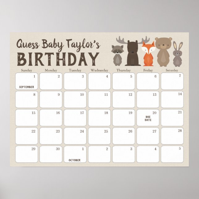 Poster Calendário de Previsão de Aniversário para Chá de  (Frente)