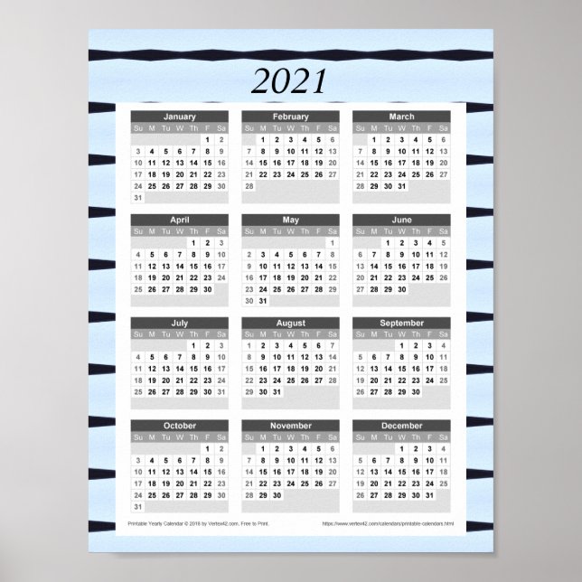 Poster Calendário do Ano de 2021: Azul com Linhas Pretas (Frente)