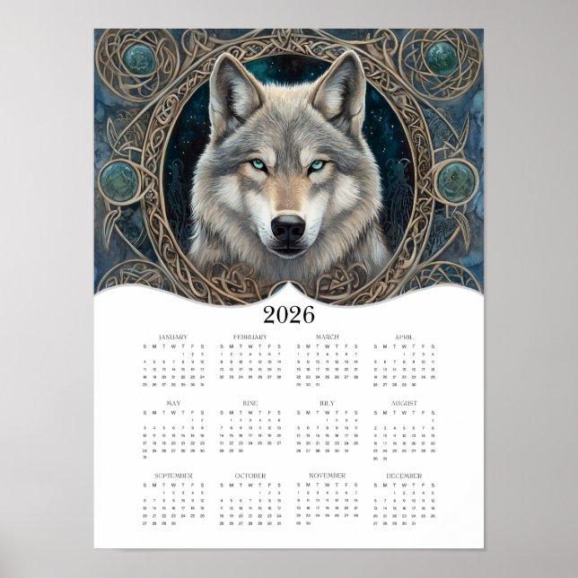 Poster Calendário do Ano de Cheio Celtic Wolf Fantasy Art (Frente)