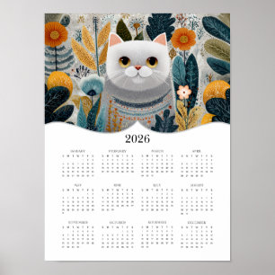 Poster Calendário do Ano de Cheio de Arte Gato Boho Abstr