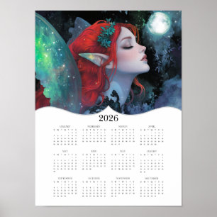 Poster Calendário do Ano de Fantasia da Fada Verde Vermel