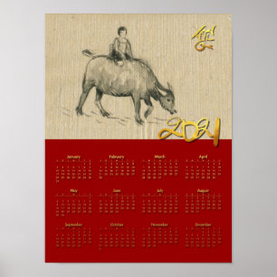 Poster Calendário do Ano do Boi Chinês da Criança de Búfa