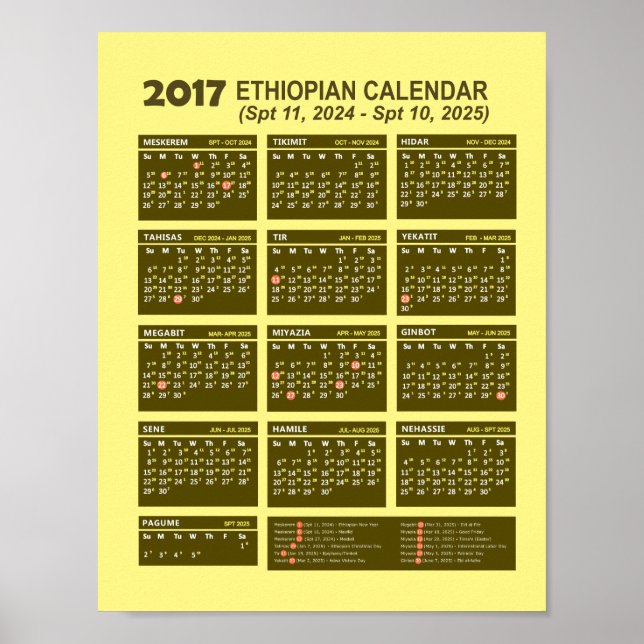 Poster Calendário do Ano Novo 2017 na Etiópia 2024/2025 (Frente)