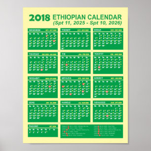 Poster Calendário do Ano Novo 2018 na Etiópia 2025/2026