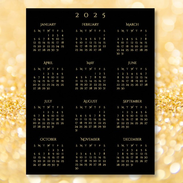 Poster Calendário do Escritório Doméstico do Cheio Dourad (2025 Black Gold Full Year Home Office Calendar Poster)