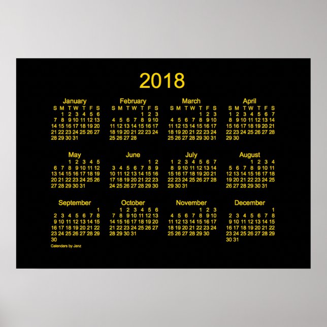 Póster Calendário do Neon Dourado Wall 2018 por Janz (Frente)