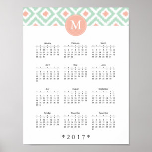Póster Calendário do Padrão Ikat da Casa da Moeda e Coral