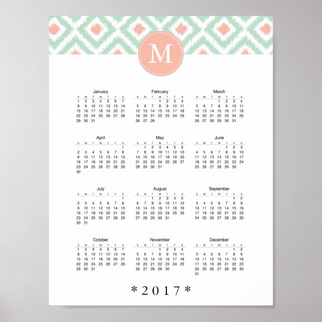 Póster Calendário do Padrão Ikat da Casa da Moeda e Coral (Frente)