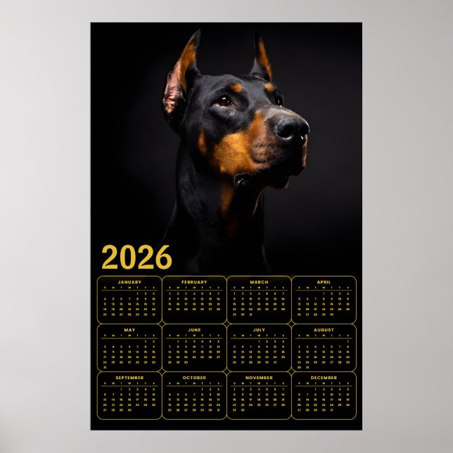 Poster Calendário Doberman Pinscher 2026 (Frente)