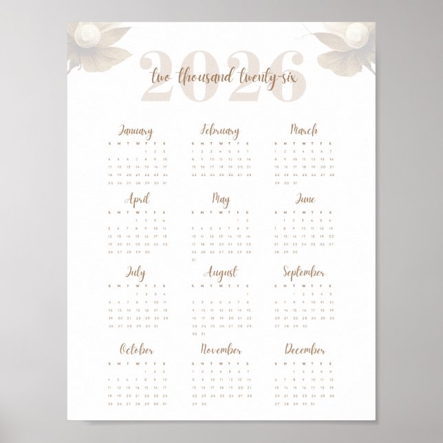 Poster Calendário Elegante de Uma Página Floral Script 20 (Frente)