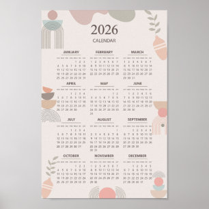Poster Calendário Escandinavo 2026 Estética Boho Bege