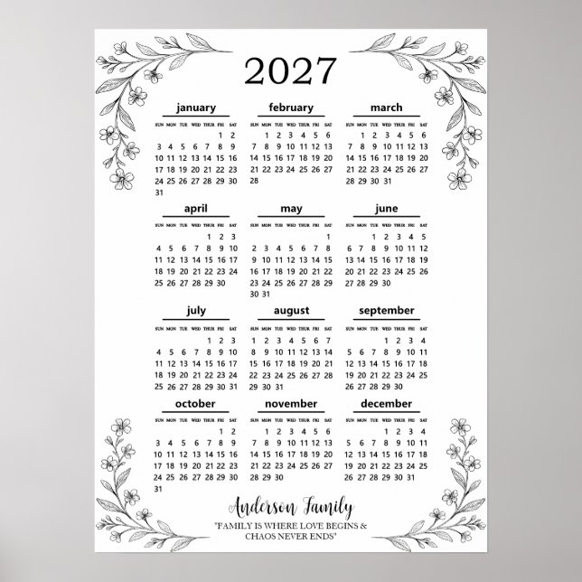 Poster Calendário Familiar Personalizado de Flores Silves (Frente)