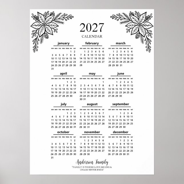 Poster Calendário Familiar Personalizado de Flores Silves (Frente)