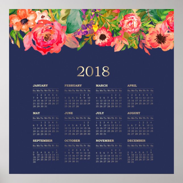 Póster Calendário Floral 2018 da Modern Watercolor (Frente)