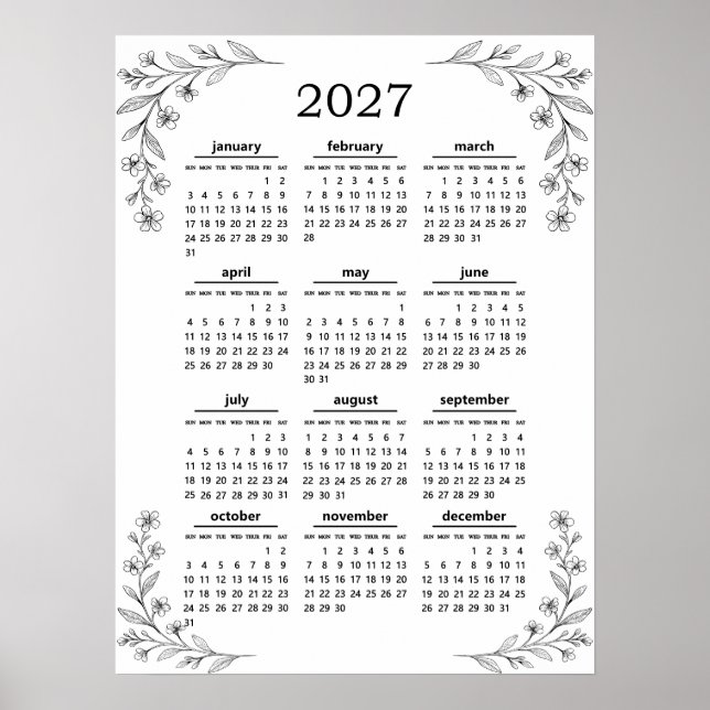 Poster Calendário Floral Botânico de Flores Silvestres Mí (Frente)