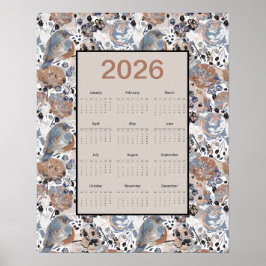 Poster Calendário Floral Pássaro Azul Ano Completo 2026