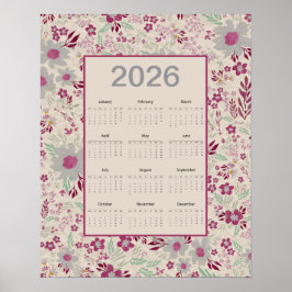 Poster Calendário Floral Rosa Cinza 2026
