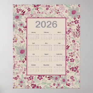 Poster Calendário Floral Rosa Cinza 2026