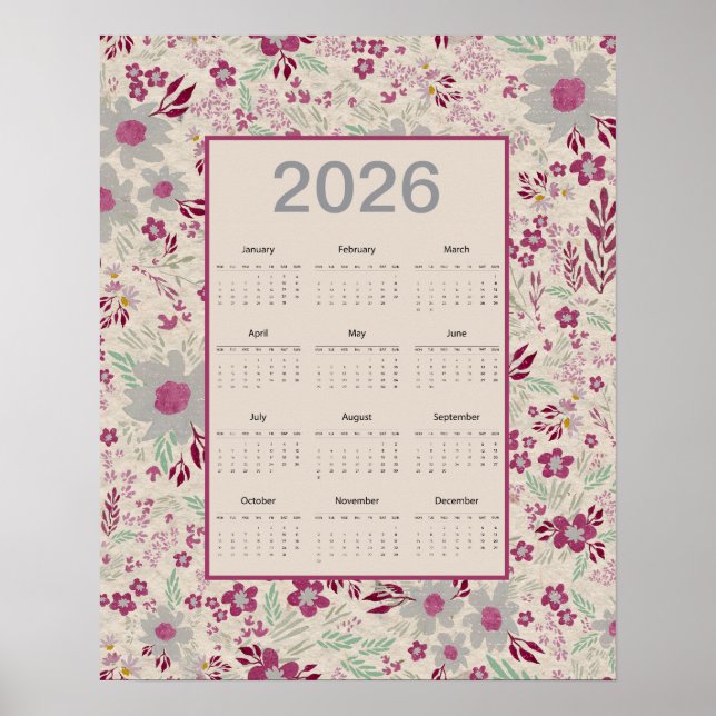 Poster Calendário Floral Rosa Cinza 2026 (Frente)