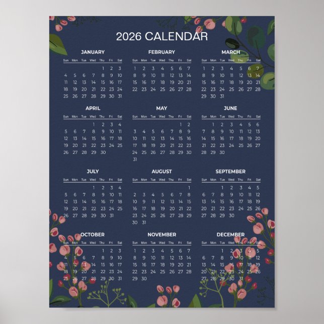 Poster Calendário Floral Simples e Elegante 2026 |  (Frente)