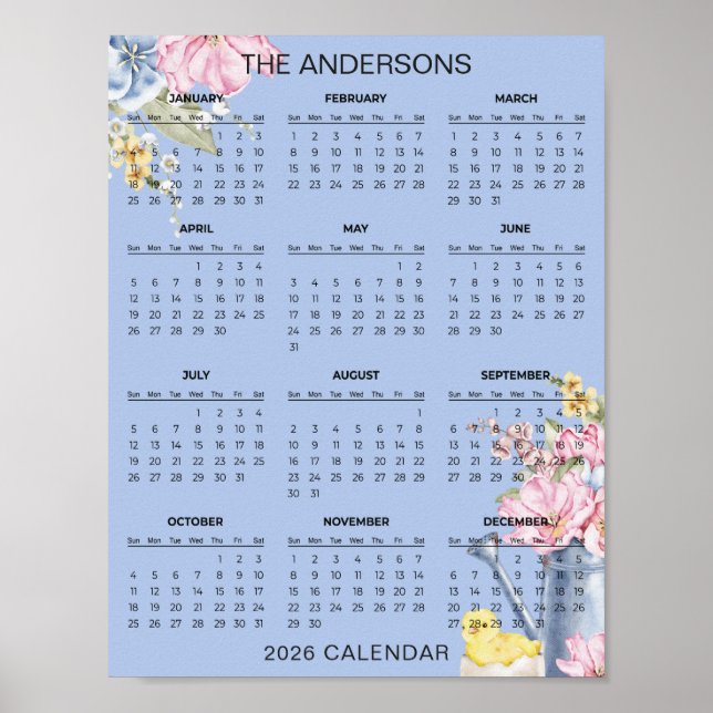 Poster Calendário Floral Simples, porém Elegante de 2026  (Frente)