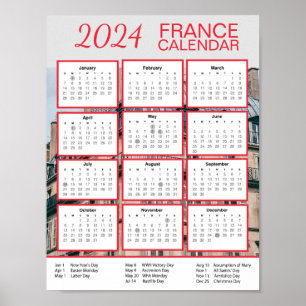 Poster Calendário francês 2024 em inglês Download Pdf $3,