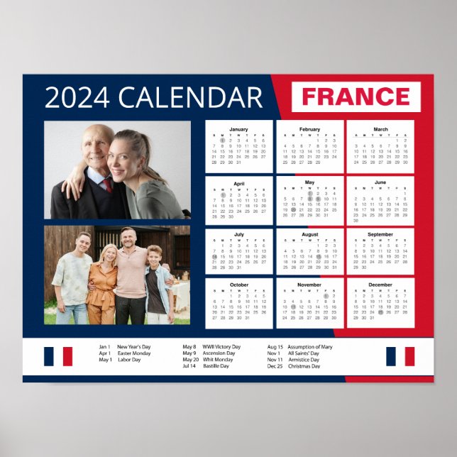 Poster Calendário francês em inglês | Adicionar Sua Foto  (Frente)