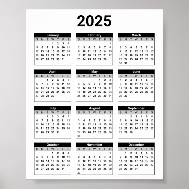 Poster Calendário geral de 2025 em preto e branco (Frente)