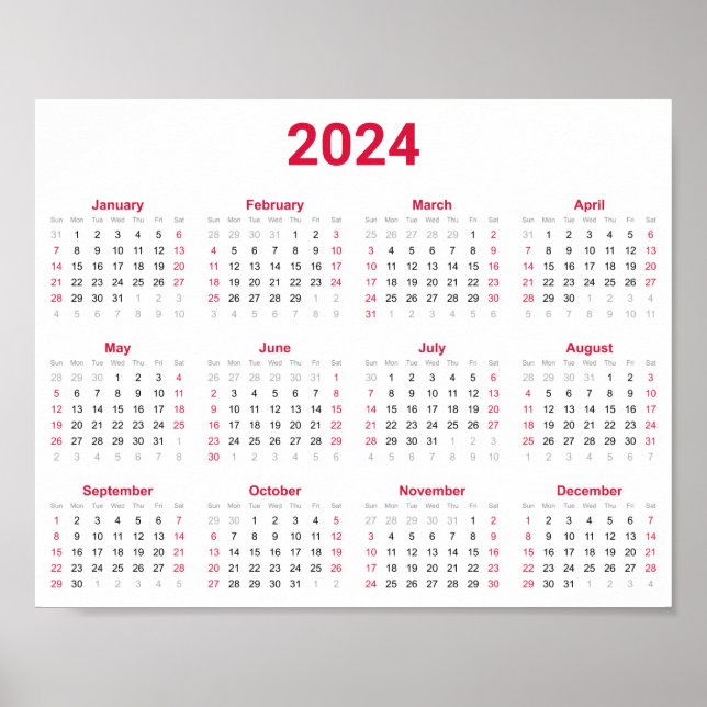 Poster Calendário geral do Simple Red & White 2024 (Frente)