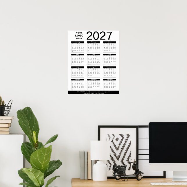 Poster Calendário & Logotipo Empresarial Preto e Branco P (Escritório em casa)