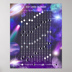 Poster Calendário Lunar 2027 em Galáxias Coloridas