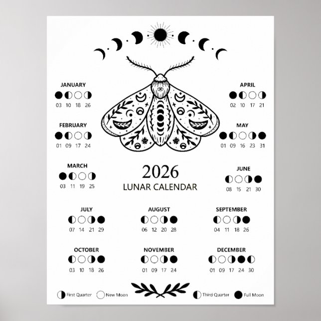 Poster Calendário Lunar Celestial da Mariposa de Feitiçar (Frente)