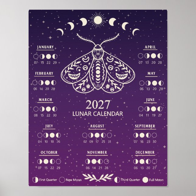 Poster Calendário Lunar Celestial da Mariposa de Feitiçar (Frente)