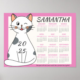 Poster Calendário Mensal 2025 Gato Branco Divertido Rosa 