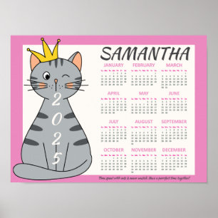 Poster Calendário Mensal 2025 Nome Rosa Fofo Gato Diverti