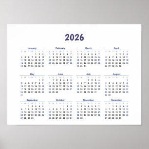 Poster Calendário Mensal Anual 2026 Todos os Dias 