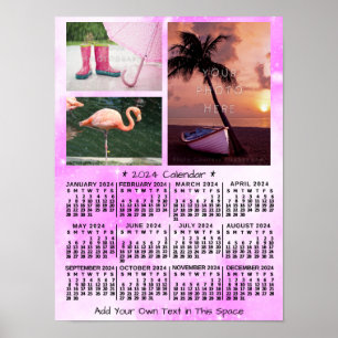 Poster Calendário Mensal Cor de Água Rosa 3, 2024 Anos Fo