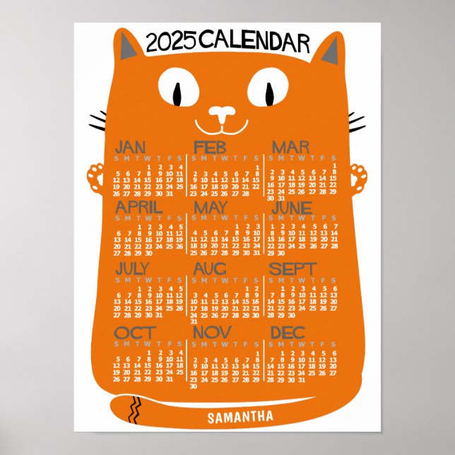 Poster Calendário Mensal do Ano 2025 Gato Laranja Meados  (Frente)