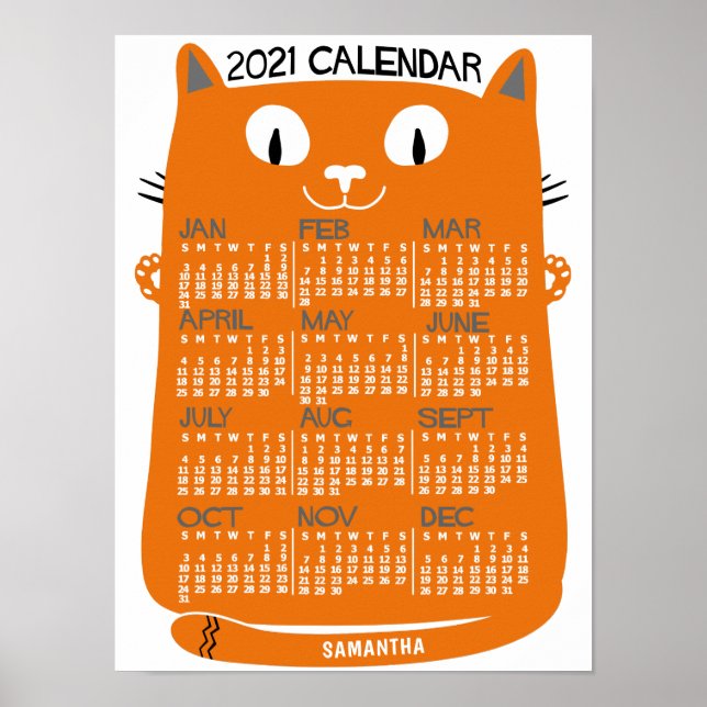Poster Calendário Mensal do Ano de 2021 Gato Laranja Mead (Frente)