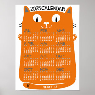 Poster Calendário Mensal do Ano de 2025 Gato Laranja Mead