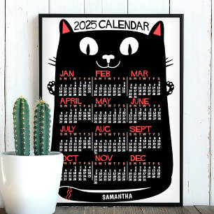 Poster Calendário Mensal do Ano de 2025 Gato Preto de Mea