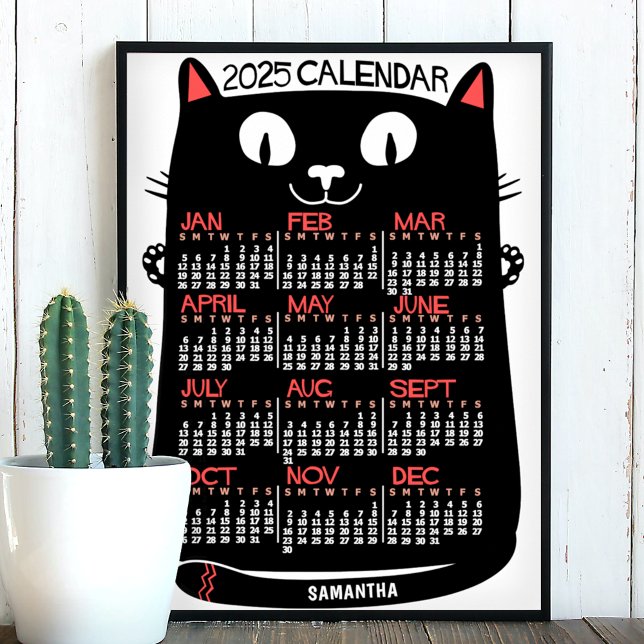 Poster Calendário Mensal do Ano de 2025 Gato Preto de Mea (Criador carregado)