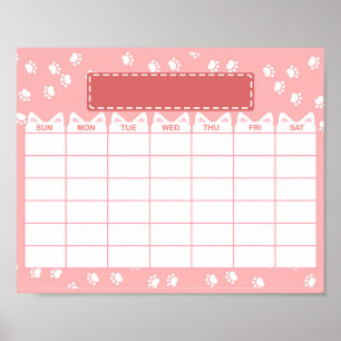 Poster Calendário Mensal em Branco Tema Gato Rosa