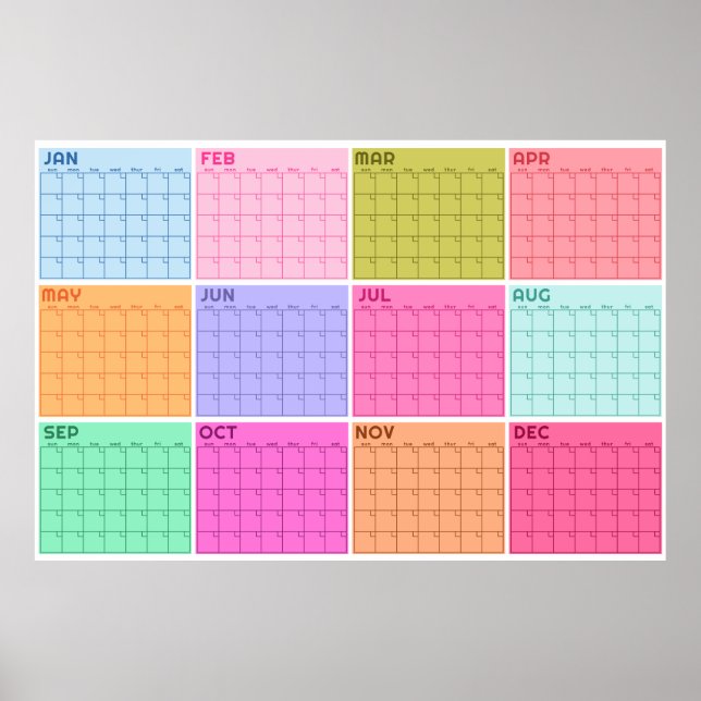 Poster Calendário Mensal Sem Data em Pastel em Branco Pla (Frente)